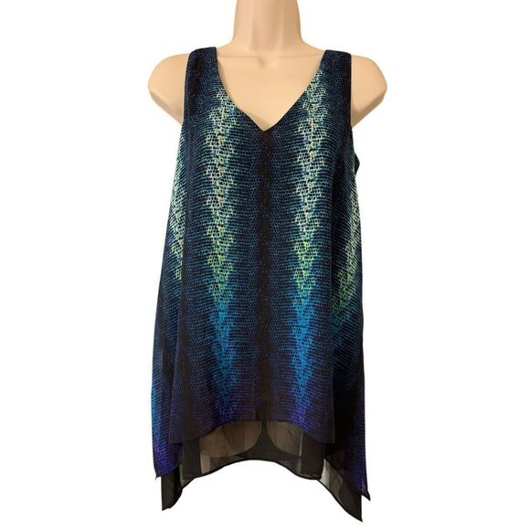 Worthington Women's Blue Green Black Sleeveless Layered Shark-bite Blouse Small - Picture 1 of 7